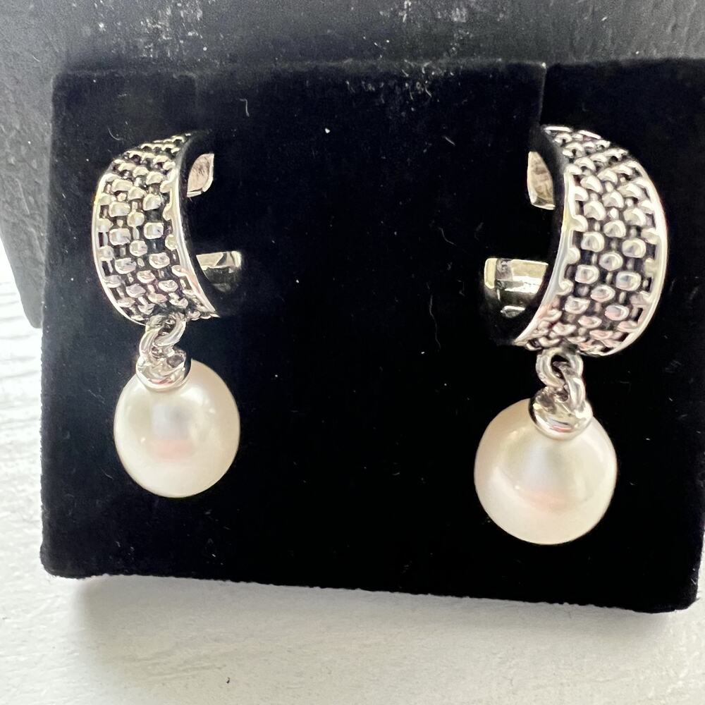 New 925 Sterling Silver Pearl Drop Hoop Earrings Post Dangle Signed Textured